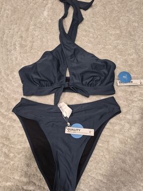 Cupshe Slate Blue Halter Tie-Front Bikini Set